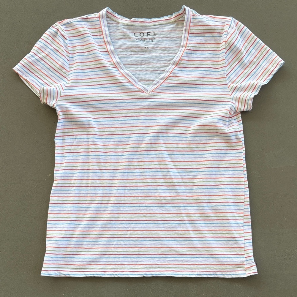 LOFT Vintage Soft V-Neck Rainbow Striped Tee - White and Multicolor Size XS